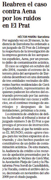 Not�cia publicada al diari EL MUNDO sobre l'aute de l'Audi�ncia de Barcelona reobrint la querella criminal presentada contra els reponsables de la posada en servei de la tercera pista de l'aeroport de Barcelona-El Prat (13 de Mar� de 2010)